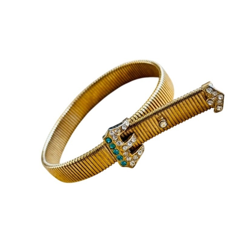 Vtg Art Deco Flapper Mesh Buckle Bracelet Rhinestone Ribbed Gold Tone